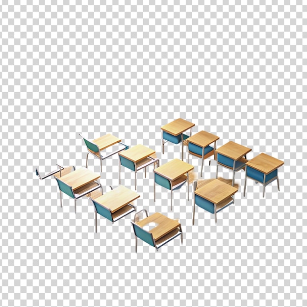 PSD a classroom with wooden desks and chairs on transparent background