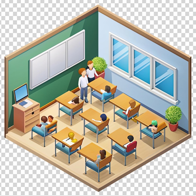 A classroom with wooden desks and chairs on transparent background