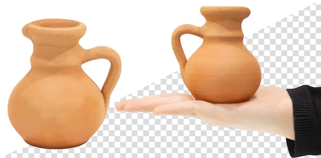 Clay small pot in hand. Isolated from the background