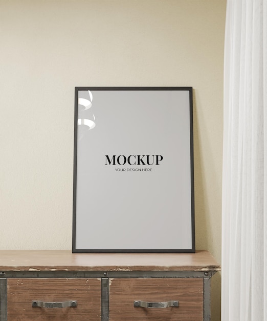 Clean frame mockup on the wooden table