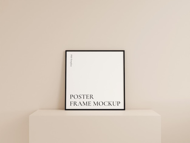 Clean front view square black photo or poster frame mockup leanings against wall 3d rendering