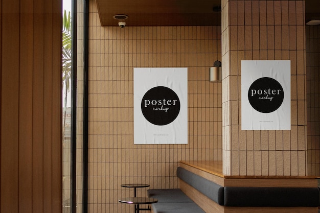 Clean minimal 2 posters mockup on modern cafe background with people try to walking pass