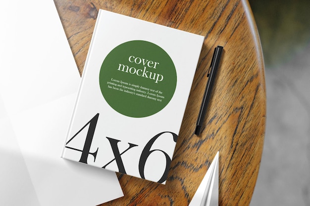 Clean minimal book 4x6 mockup on table background with paper paper plane and pen