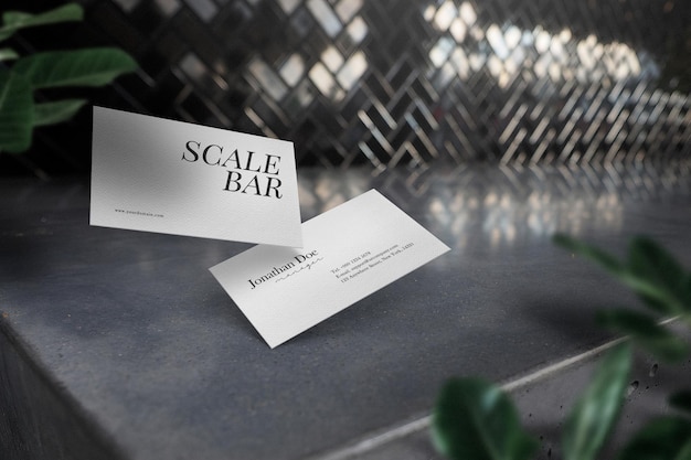 Clean minimal business card mockup on concrete table with leaves 