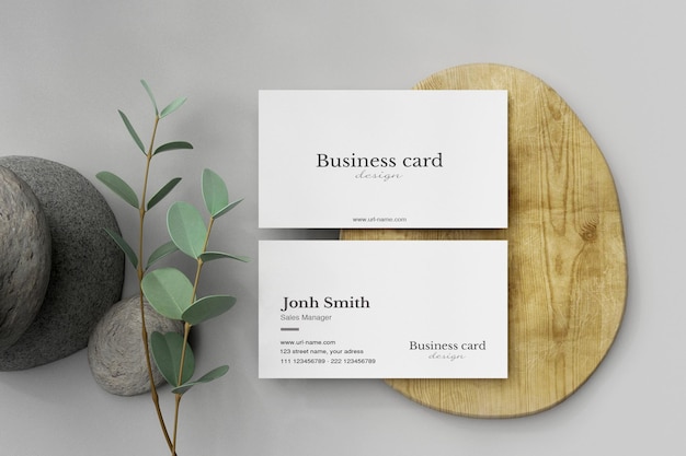 Clean minimal business card mockup on wood small plate