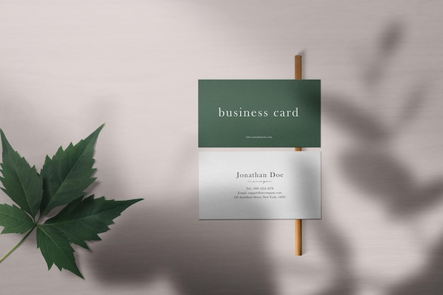 Clean minimal business card mockup on wood texture with leaf.