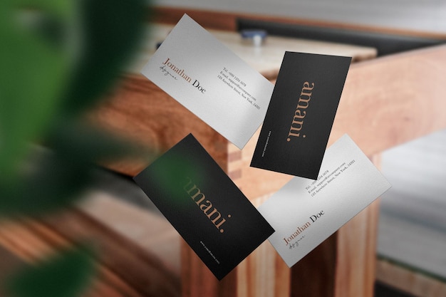 Clean minimal business cards mockup float table side background