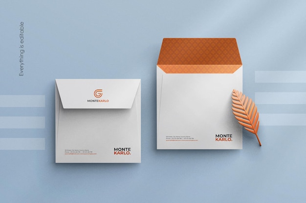 Clean minimal corporate envelope mockup in square size custom scene creator