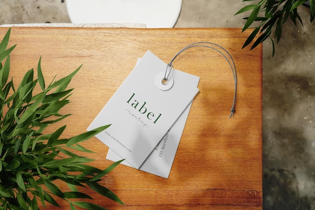 Clean minimal double label mockup on wooden bench with plant background PSD file