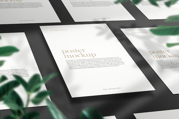 Clean minimal flyer mockup on grey table with green leaves shadow.