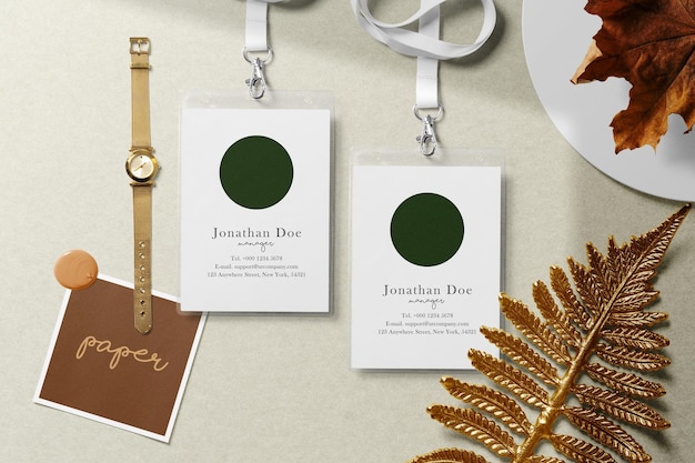 Clean minimal label mockup on paper background with leaf watch paper acryric and leaf on box