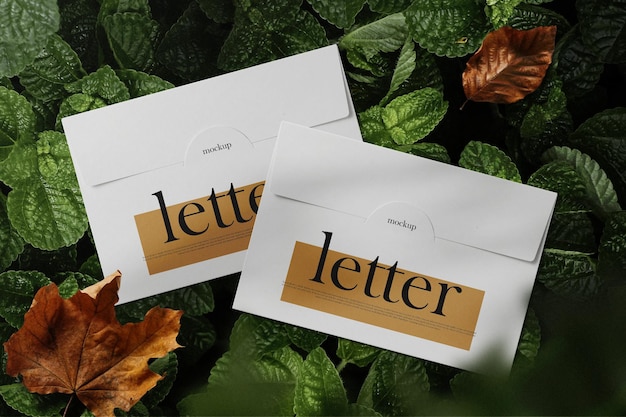 Clean minimal letter mockup on leaves background with leaves and plant foreground