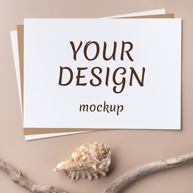 Clean minimal paper card mockup on beige background with dry branch and seashell