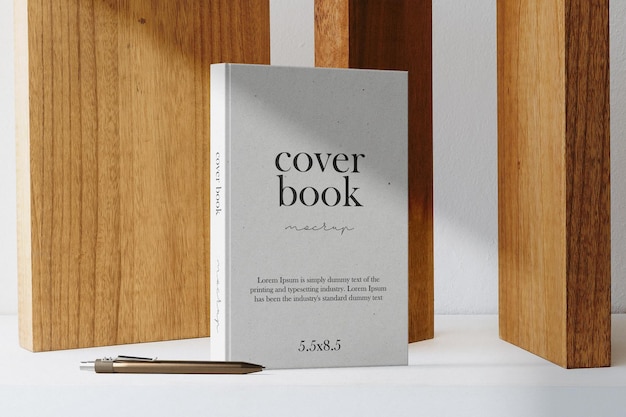 Clean minimal photo book 5.5x8.5 mockup on wooden standing with pen . 