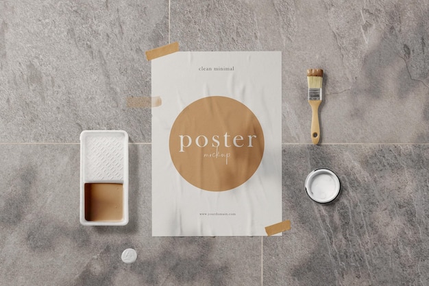 Clean minimal poster mockup on background with brush and paint container PSD file