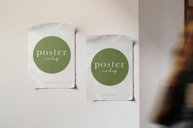 Clean minimal poster mockup on cafe background with people walking pass