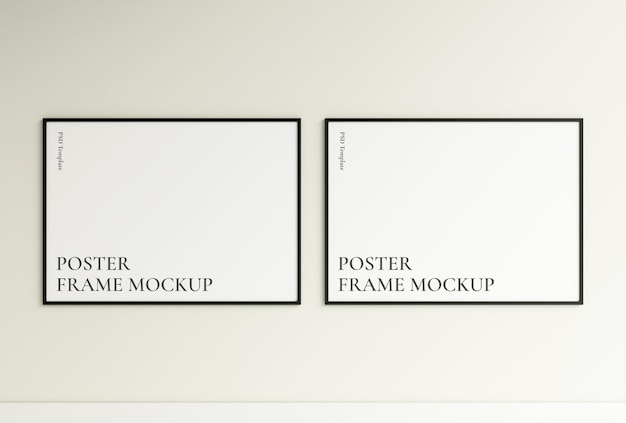 Clean and minimalist front view horizontal black photo or poster frame mockup hanging on the wall 3d rendering