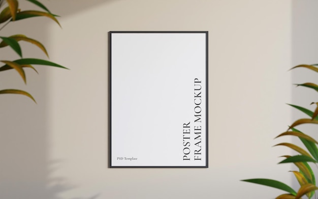 Clean and minimalist front view portrait black photo or poster frame mockup hanging on the wall with blurry plant 3d rendering