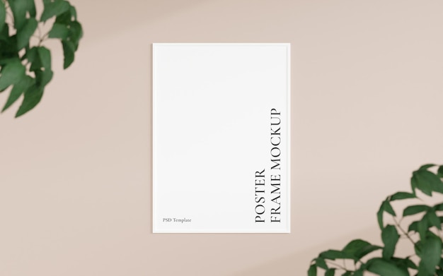 Clean and minimalist front view vertical white photo or poster frame mockup hanging on the wall with blurry plant 3d rendering