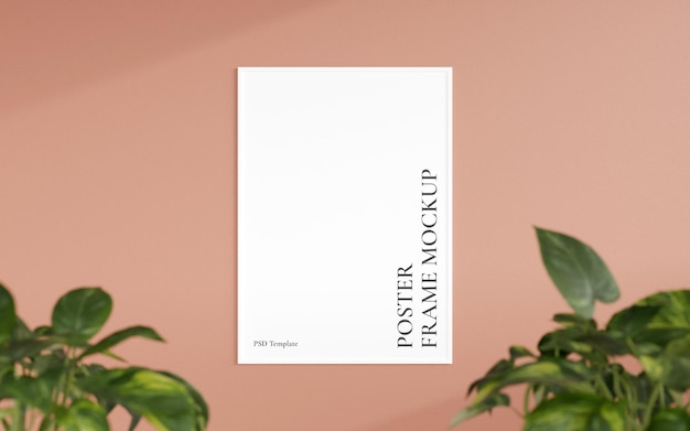 Clean and minimalist front view vertical white photo or poster frame mockup hanging on the wall with blurry plant 3d rendering