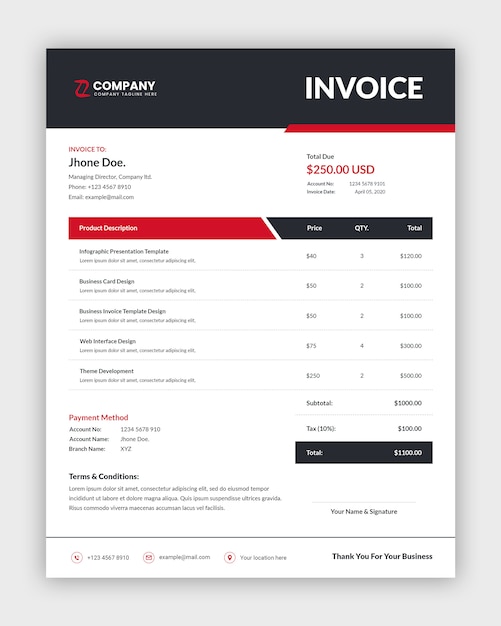 Clean modern corporate invoice template