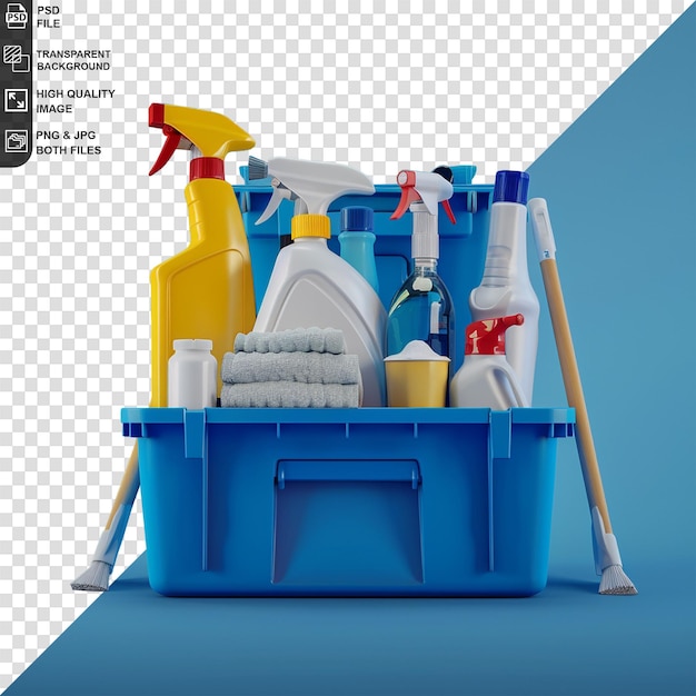 PSD cleaning supplies and equipment on a blue container