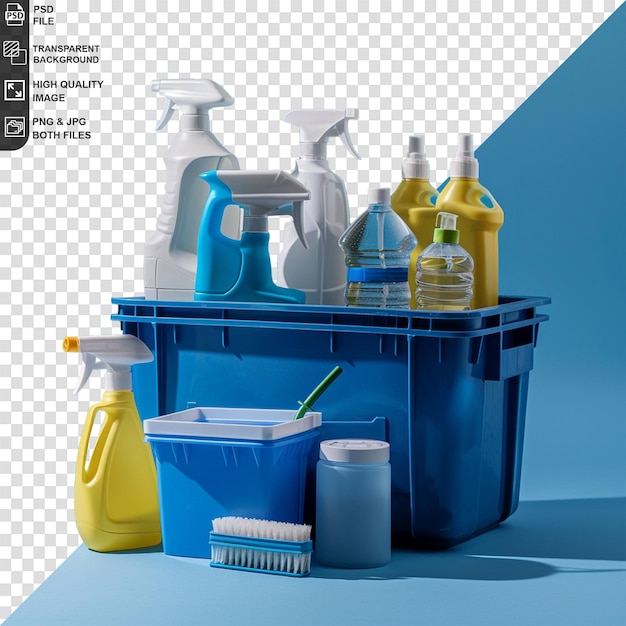 PSD cleaning supplies and equipment on a blue container