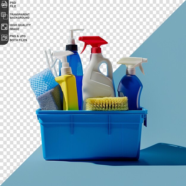 PSD cleaning supplies and equipment on a blue container