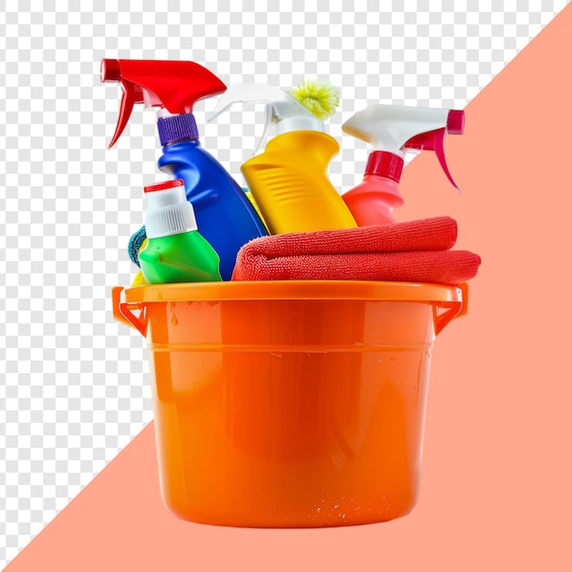 PSD cleaning supplies and equipment on a bucket isolated on transparent background