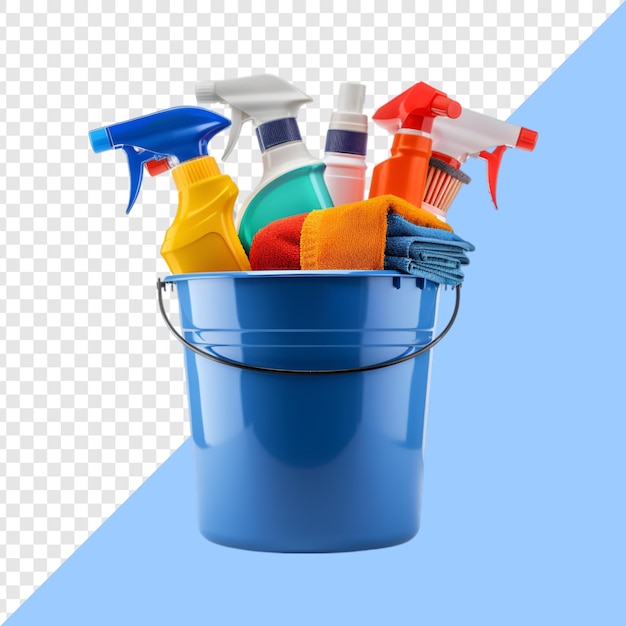 PSD cleaning supplies and equipment on a bucket isolated on transparent background