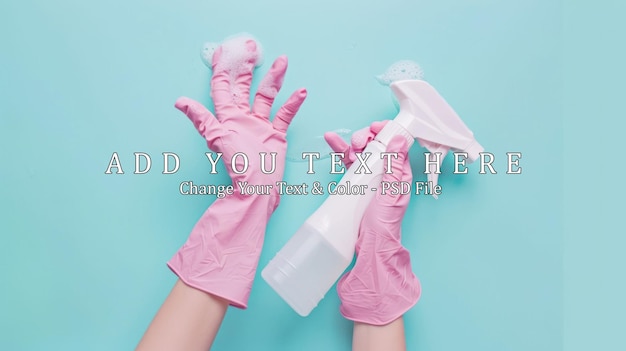 PSD cleaning supplies with pink gloves on a blue background