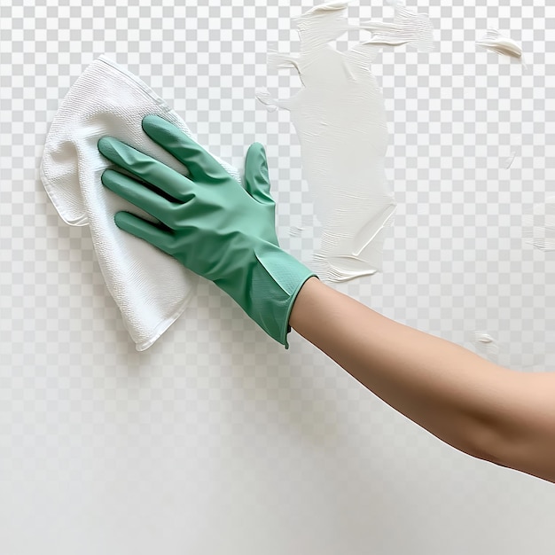 PSD cleaning white wall with mint rubber gloves