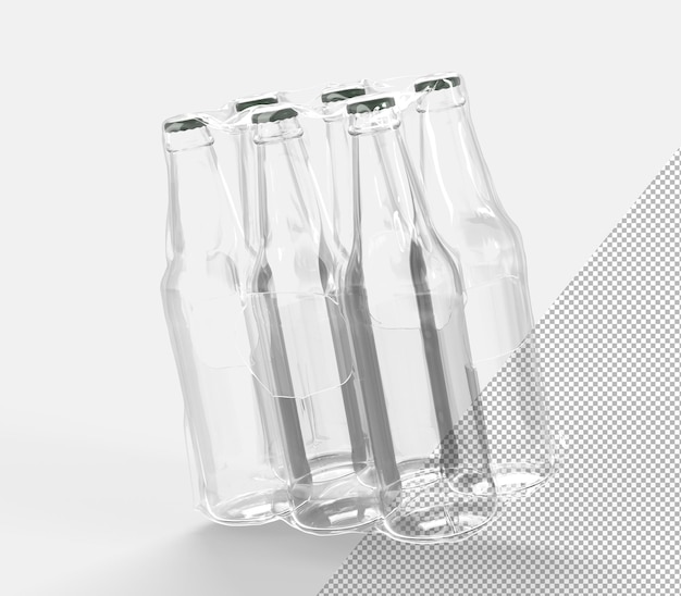 Clear bottles in plastic wrap six soda or beer blank glass angle view Realistic mockup of empty drink bottles with metal cap in transparent pack isolated on white background 3D illustration