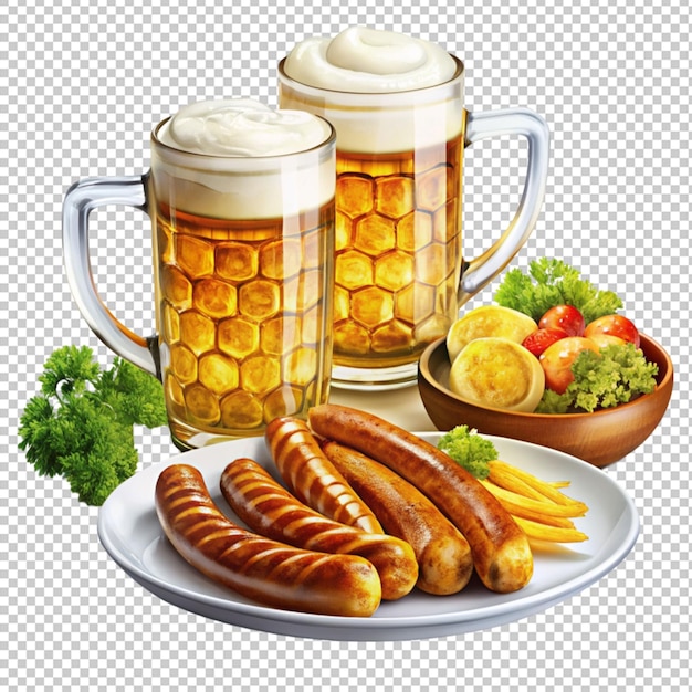 PSD clear glass beer mugs illustration germany sausag isolated on transparent background