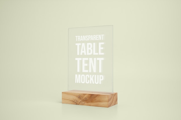 Clear glass table tent mock-up with wooden base