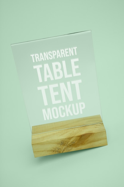 Clear glass table tent mock-up with wooden base