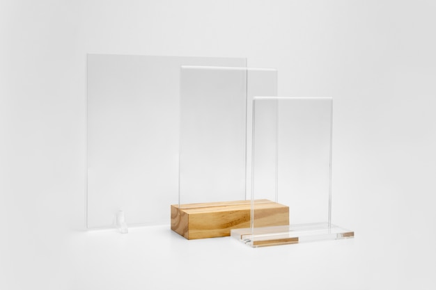 Clear glass table tent mock-up with wooden base