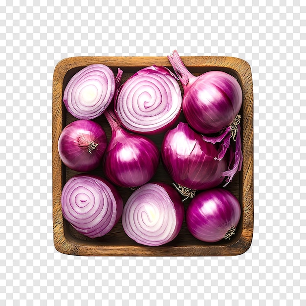 PSD clear image of red onion bulbs and sliced parts isolated on a transparent backdrop