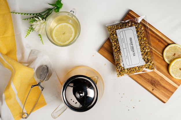 PSD clear plastic tea bag mock-up with citrus fruit