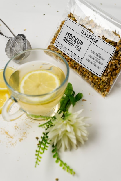 Clear plastic tea bag mock-up with citrus fruit