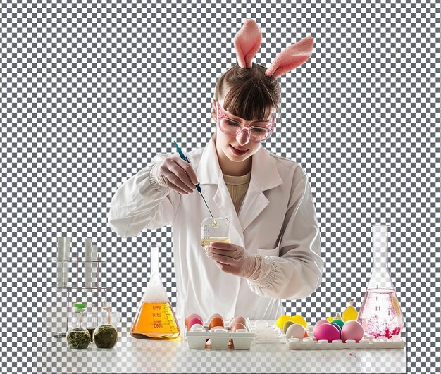 PSD clever bunny ear scientist model in a lab coat isolated on transparent background