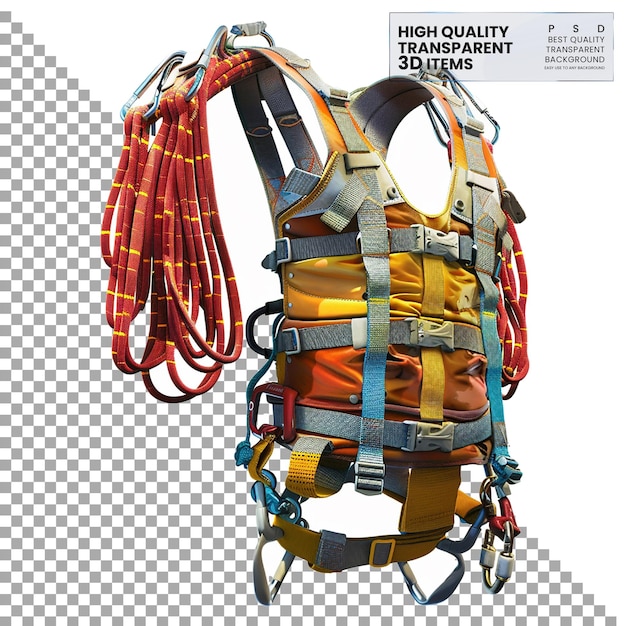 PSD climbing harness safety equipment worn by climbers on transparent background