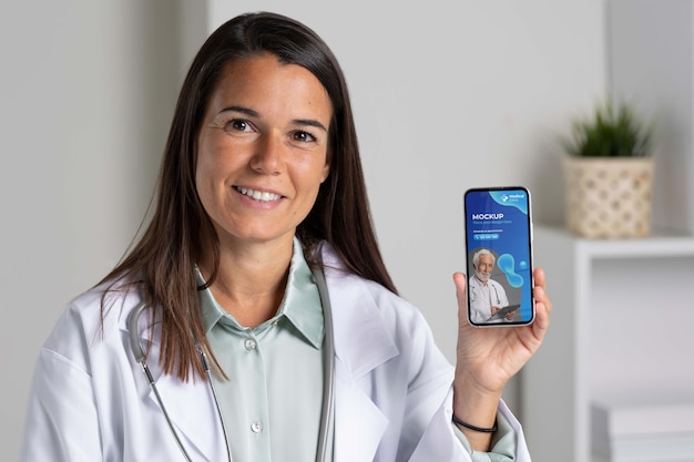 Clinic doctor holding phone mockup