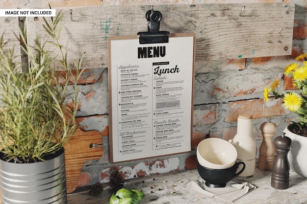 Clipboard menu holder nailed to a wooden board mockup