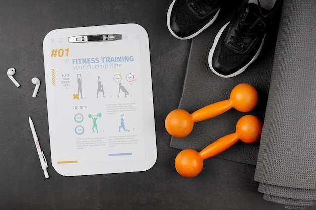 PSD clipboard mock-up with gym equipment assortment