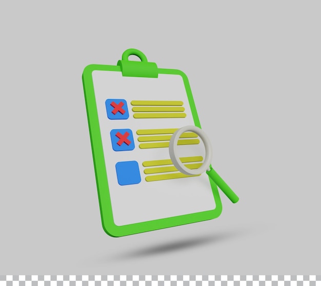 Clipboard with checklist paper note icon or symbol with magnifying glass 3d render