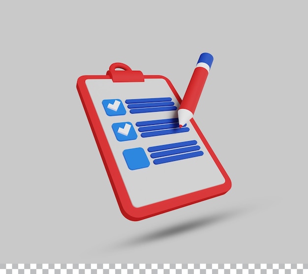 Clipboard with checklist paper note icon or symbol with pencil or pen 3d render