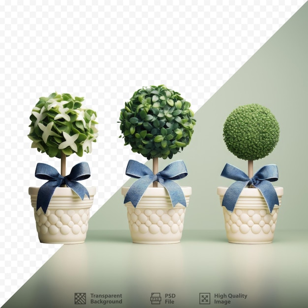 Close up of Bavarian themed boxwood with ribbons in white blue and diamond pattern