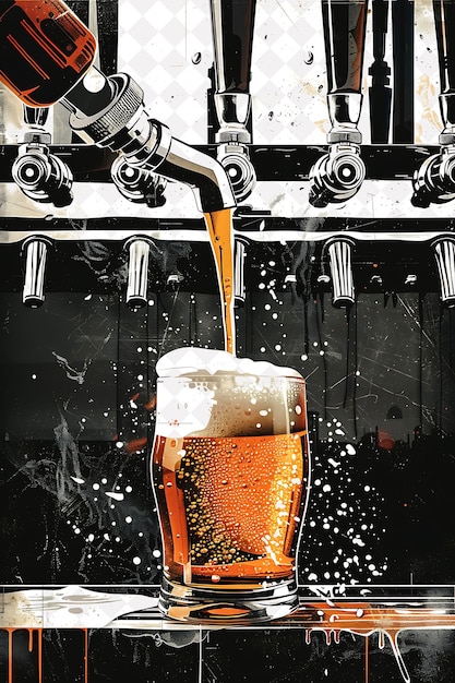 PSD close up of a beer being poured into a glass with a backdrop flat illustration beer culture design