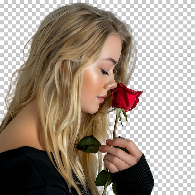 PSD close up blonde woman who plays touches and smells a red rose in a photographic studio